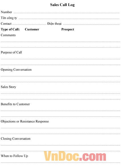 Mẫu ghi chép gọi điện bán hàng - Tiếng Anh