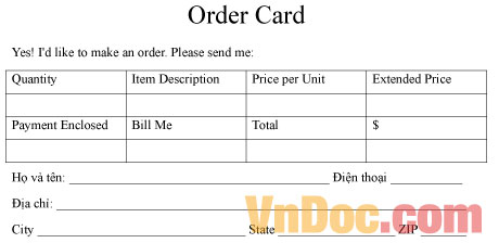 Mẫu thẻ đặt hàng - Tiếng Anh