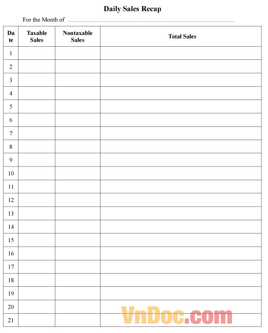 Mẫu theo dõi doanh thu hàng ngày - Tiếng Anh Mẫu theo dõi doanh thu hàng ngày - Tiếng Anh