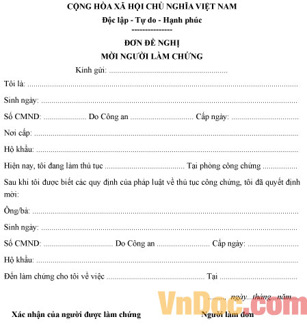 Mẫu đơn đề nghị mời người làm chứng