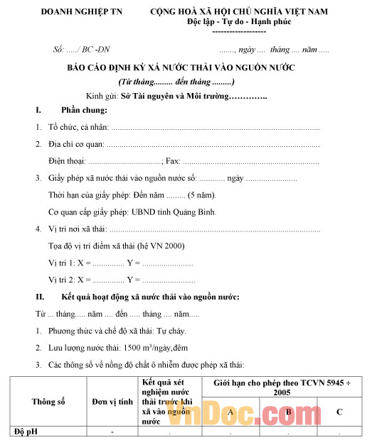 Mẫu báo cáo định kỳ xả nước thải