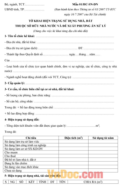 Mẫu tờ khai hiện trạng sử dụng nhà, đất thuộc sở hữu nhà nước và đề xuất phương án xử lý