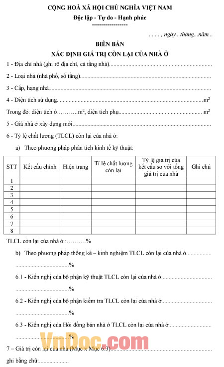 Mẫu báo cáo xác định giá trị còn lại của nhà ở