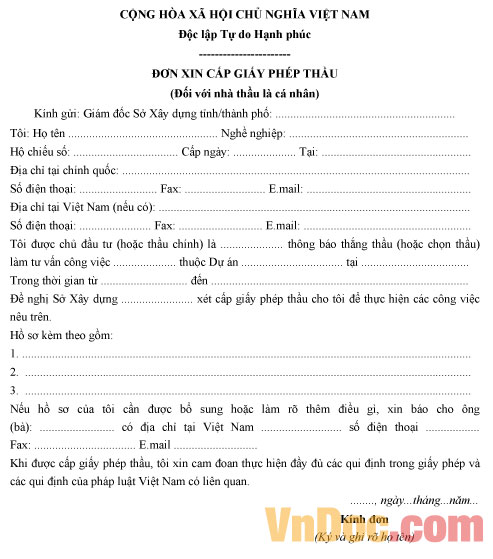 Mẫu đơn xin cấp Giấy phép thầu