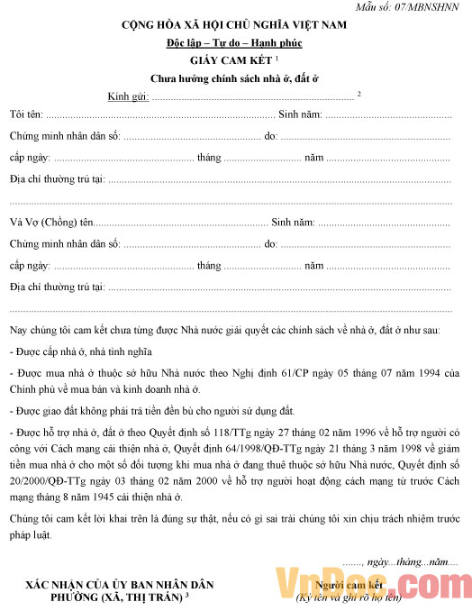 Mẫu giấy cam kết chưa hưởng chính sách nhà ở, đất ở
