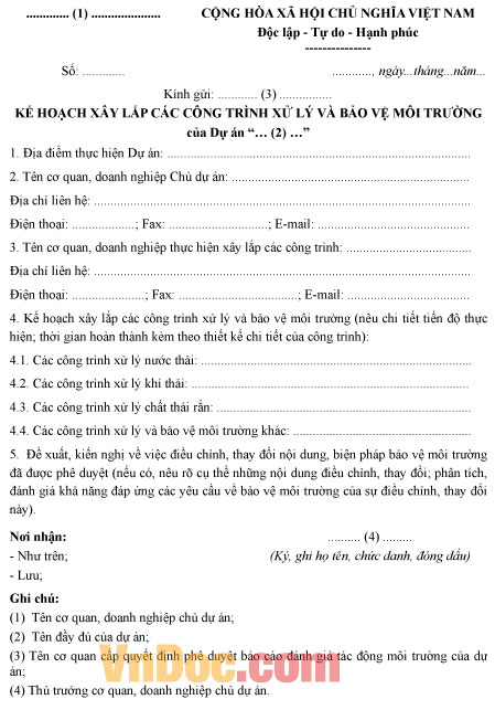Mẫu báo cáo về kế hoạch xây lắp các công trình xử lý và bảo vệ môi trường