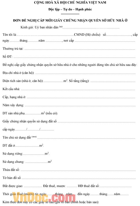 Mẫu đơn đề nghị cấp mới giấy chứng nhận quyền sở hữu nhà ở