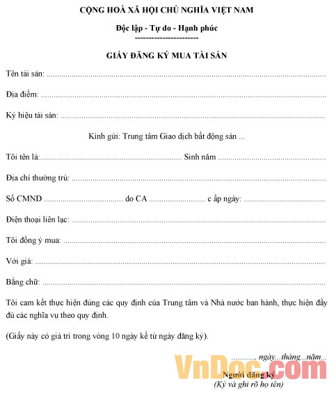 Mẫu giấy đăng ký mua tài sản (nhà, đất …)