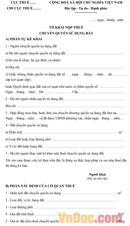 Mẫu tờ khai nộp thuế chuyển quyền sử dụng đất