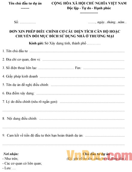 Mẫu đơn xin chuyển đổi mục đích sử dụng nhà ở thương mại