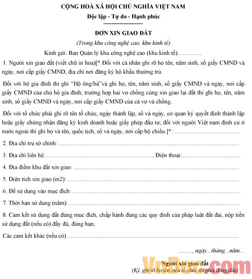 Mẫu đơn xin giao đất trong khu công nghệ cao, khu kinh tế