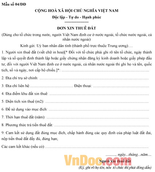 Mẫu đơn xin thuê đất cho người nước ngoài