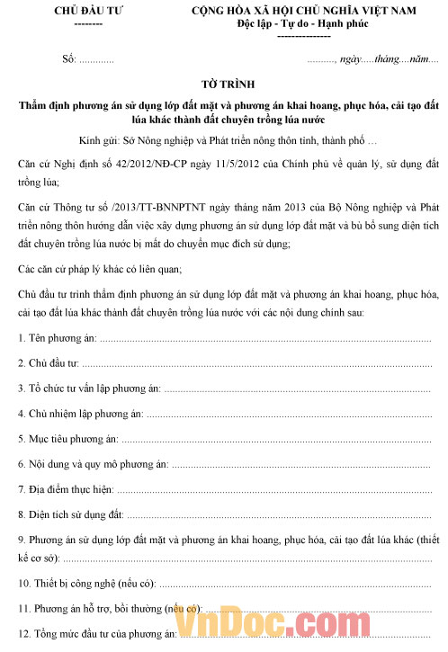 Mẫu tờ trình phương án cải tạo đất trồng lúa nước