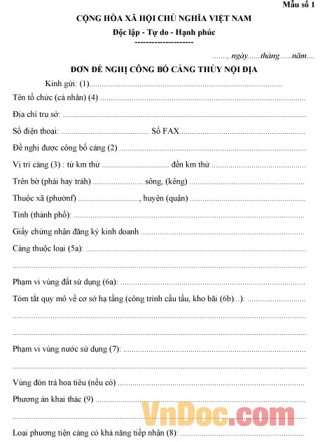 Mẫu đơn đề nghị công bố cảng thủy nội địa