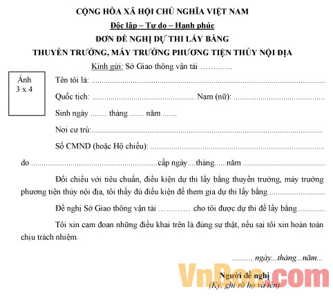 Mẫu đơn đề nghị dự thi lấy bằng phương tiện thủy nội địa