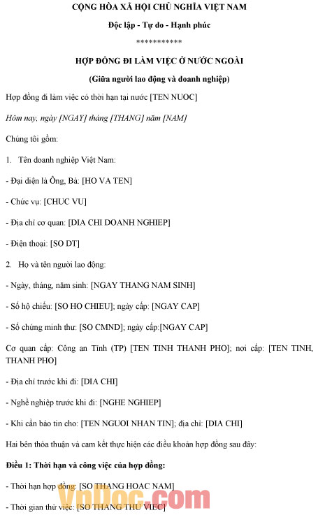 Mẫu hợp đồng đi làm việc ở nước ngoài