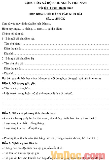 Mẫu hợp đồng gửi hàng vào kho bãi