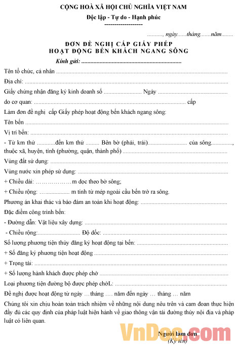 Mẫu đơn đề nghị cấp Giấy phép hoạt động bến khách ngang sông