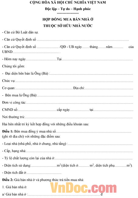Mẫu hợp đồng mua bán nhà ở thuộc sở hữu nhà nước