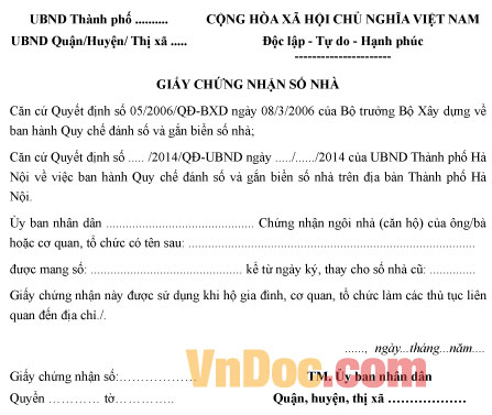 Mẫu giấy chứng nhận số nhà