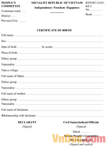 Mẫu giấy khai sinh bằng Tiếng Anh