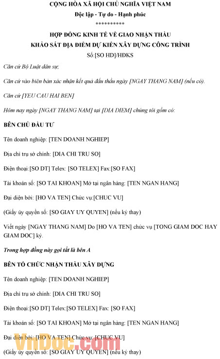 Mẫu hợp đồng khảo sát địa điểm dự kiến xây dựng công trình