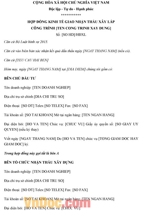 Mẫu hợp đồng kinh tế giao nhận thầu xây lắp công trình
