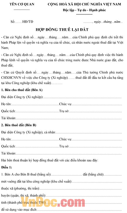 Mẫu hợp đồng thuê lại đất