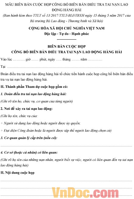 Mẫu biên bản cuộc họp công bố biên bản điều tra tai nạn lao động hàng hải