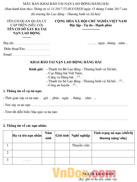 Mẫu khai báo tai nạn lao động hàng hải