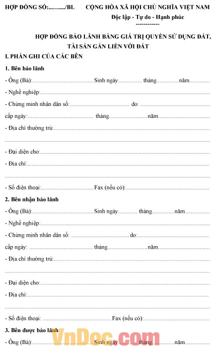 Mẫu hợp đồng bảo lãnh bằng giá trị quyền sử dụng đất, tài sản gắn liền với đất