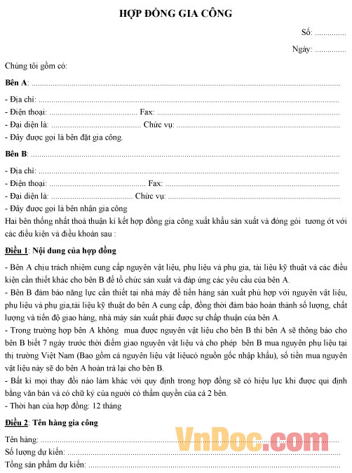 Mẫu hợp đồng gia công