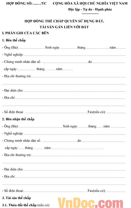 Mẫu hợp đồng thế chấp quyền sử dụng đất, tài sản gắn liền với đất