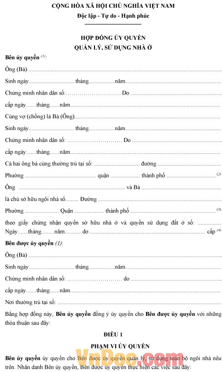 Mẫu hợp đồng ủy quyền quản lý, sử dụng nhà ở