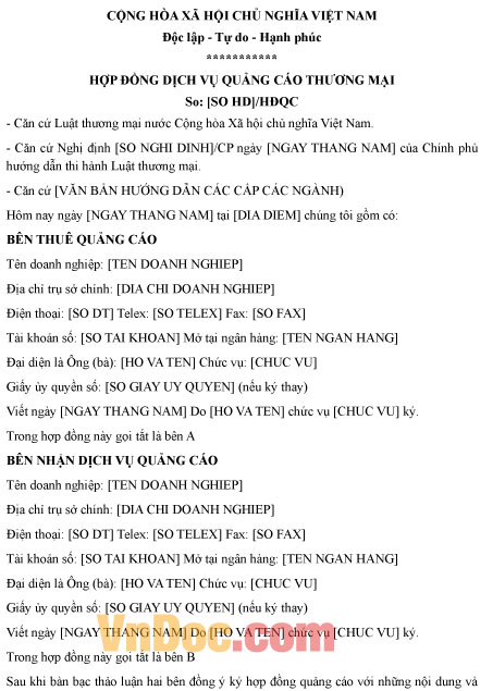 Mẫu hợp đồng dịch vụ quảng cáo thương mại