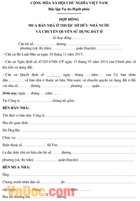 Mẫu hợp đồng mua bán và chuyển quyền sử dụng đất ở