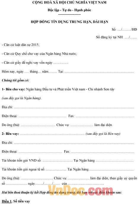 Mẫu hợp đồng tín dụng trung hạn, dài hạn