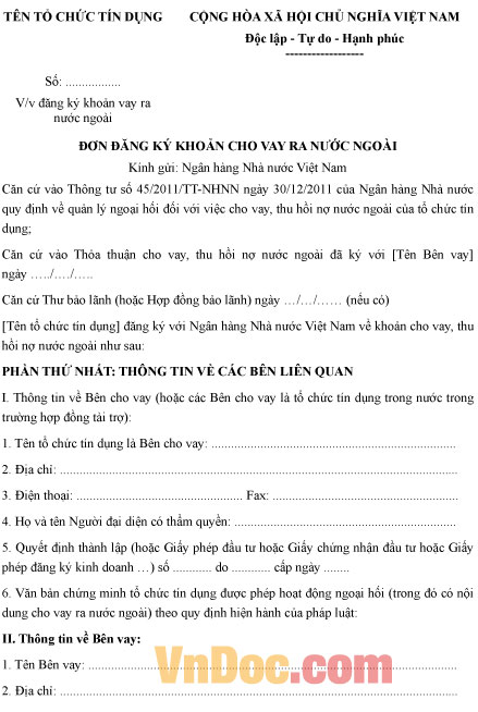 Mẫu đơn đăng ký khoản cho vay ra nước ngoài