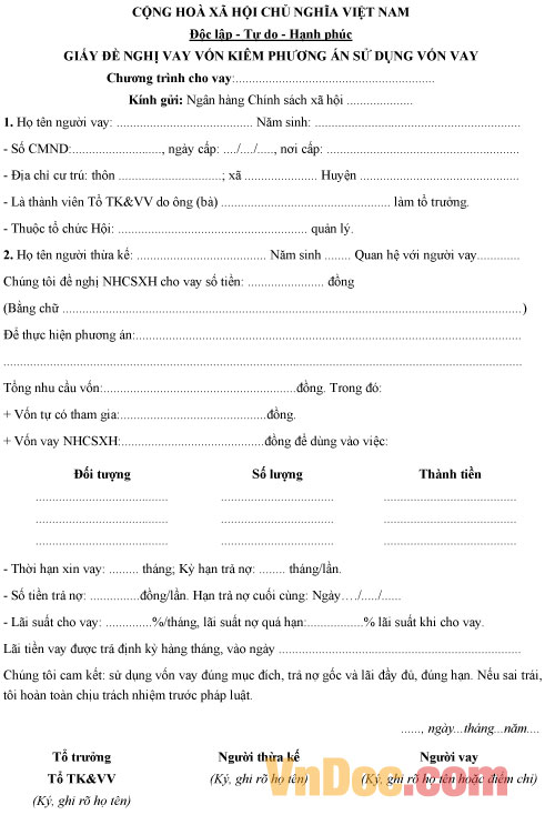 Mẫu đơn vay vốn ngân hàng chính sách xã hội