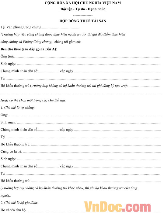 Mẫu hợp đồng thuê tài sản