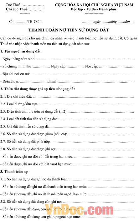 Mẫu thanh toán nợ tiền sử dụng đất