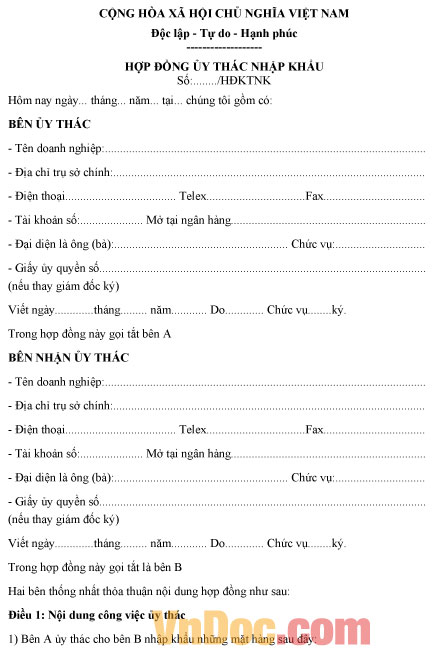 Mẫu hợp đồng ủy thác nhập khẩu