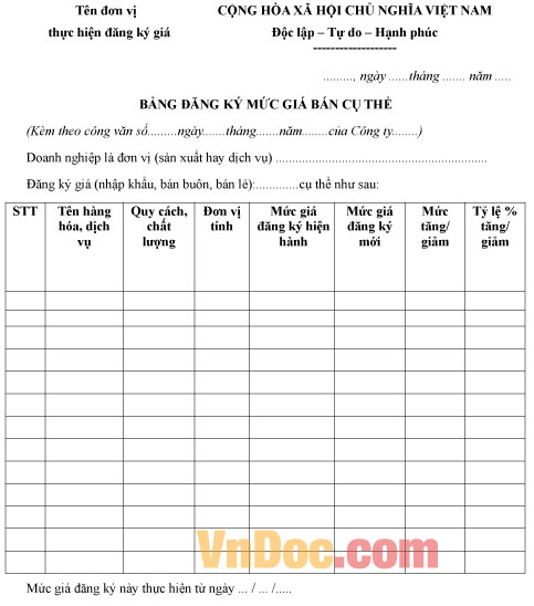 Mẫu bảng đăng ký mức giá bán cụ thể
