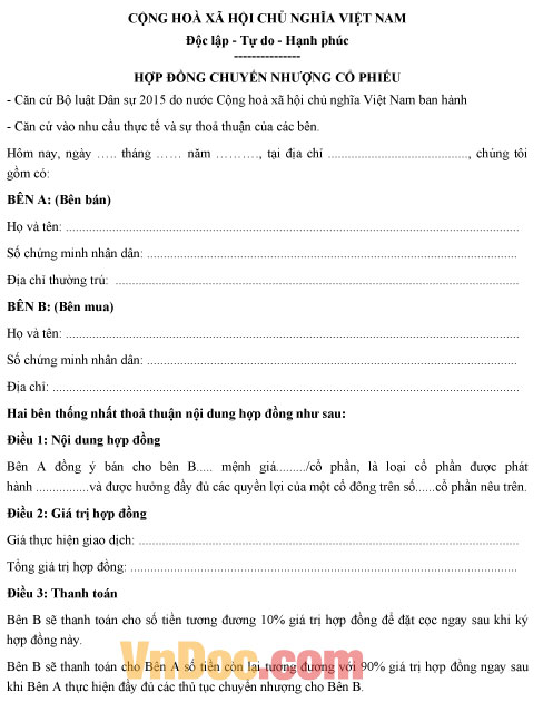 Mẫu hợp đồng chuyển nhượng cổ phiếu