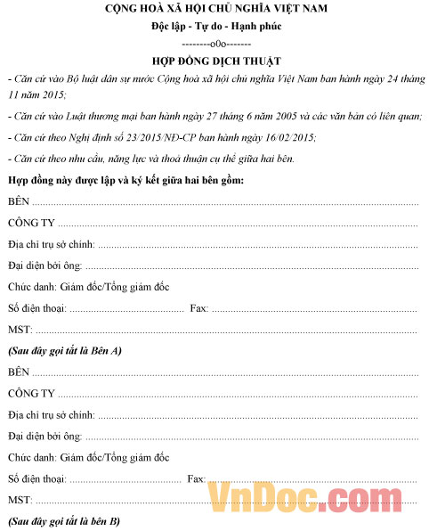 Mẫu hợp đồng dịch thuật, biên dịch tài liệu
