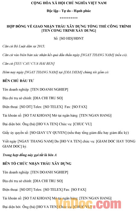 Mẫu hợp đồng về giao nhận thầu xây dựng tổng thể công trình