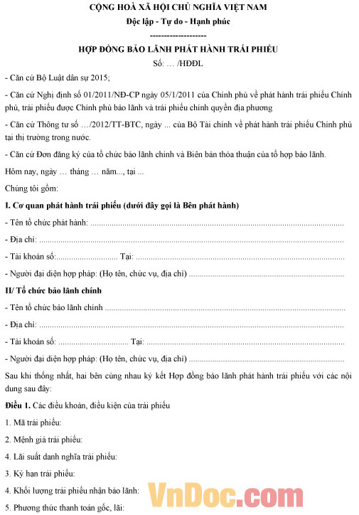 Mẫu hợp đồng bảo lãnh phát hành trái phiếu