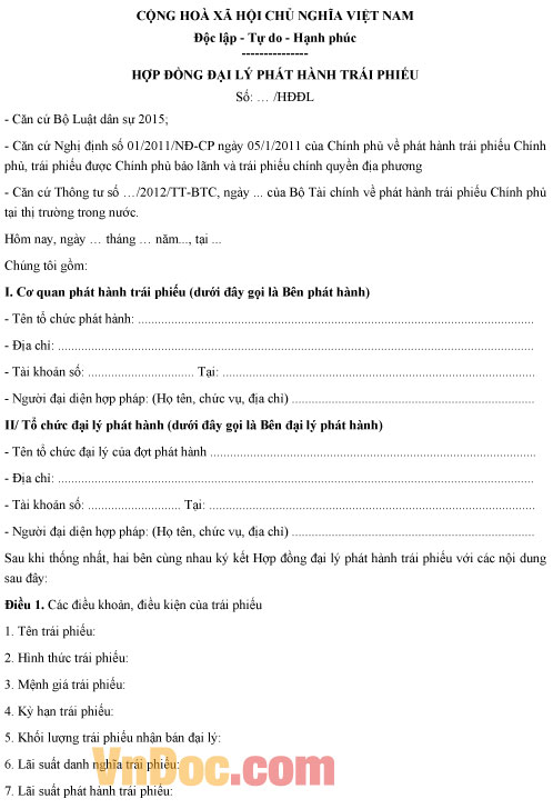Mẫu hợp đồng đại lý phát hành trái phiếu