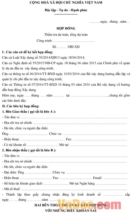 Mẫu hợp đồng thẩm tra dự toán, tổng dự toán