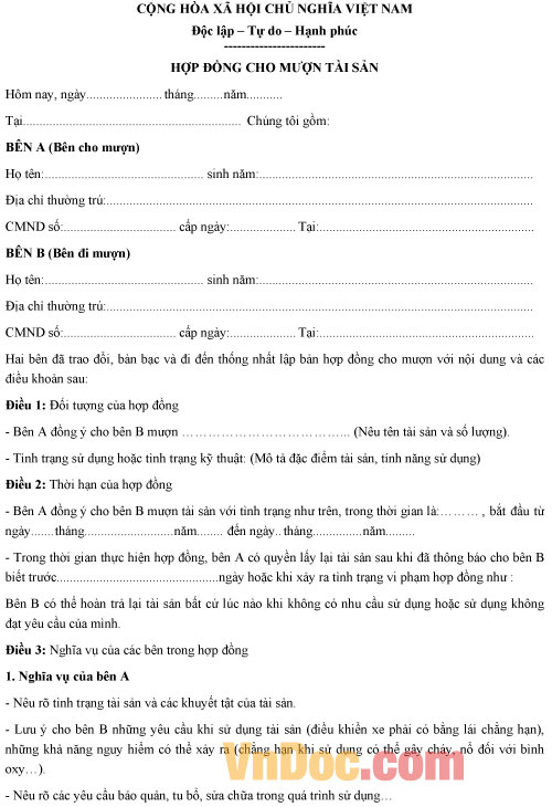 Mẫu hợp đồng cho mượn tài sản